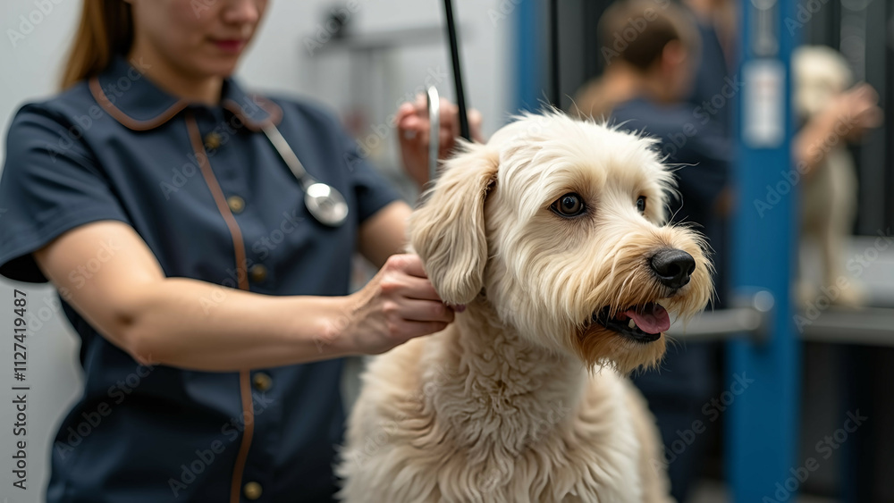 A professional dog groomer brushing the fur of a golden retriever dog, with focus on the hands and the dog’s joyful expression. A professional dog groomer brushing the fur of a golden retriever dog, with focus on the hands and the dog’s joyful expression.