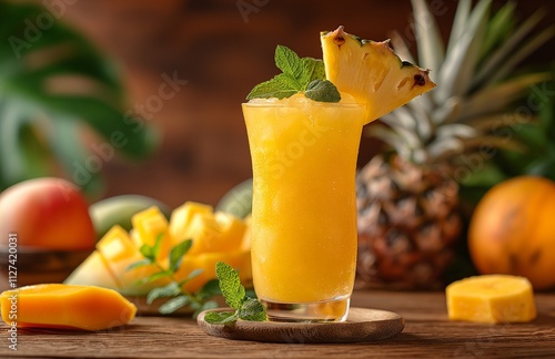 Yellow detox smoothie made from fresh mango and pineapple on wooden table photo