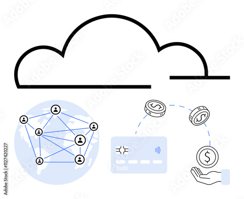 Cloud above global network connected by user icons, credit card, coins, and hand holding coin. Ideal for cloud computing, online payments, digital finance, global networking, financial technology