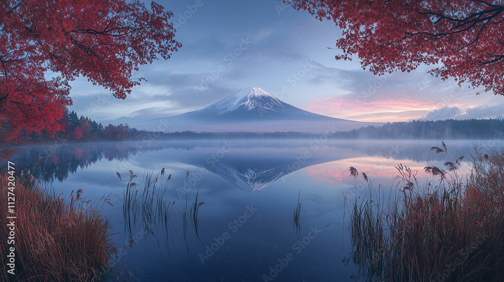 Serene Autumn Sunrise Majestic Mountain Reflection in Calm Lake Serene Autumn Sunrise Majestic Mountain Reflection in Calm Lake