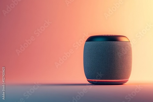 Wireless smart speaker glowing red on a gradient background, showcasing modern technology and voice-activated assistants photo