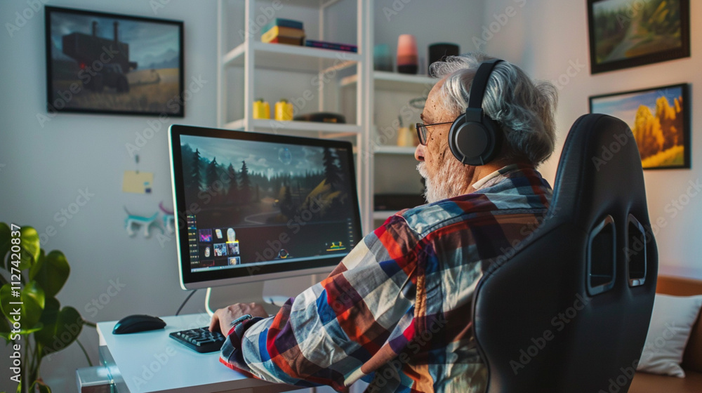 Elderly senior person is playing a computer game at home. Technology adoption, leisure activities, and digital engagement. Tech-savviness of seniors using gaming as a form of entertainmen Elderly senior person is playing a computer game at home. Technology adoption, leisure activities, and digital engagement. Tech-savviness of seniors using gaming as a form of entertainmen