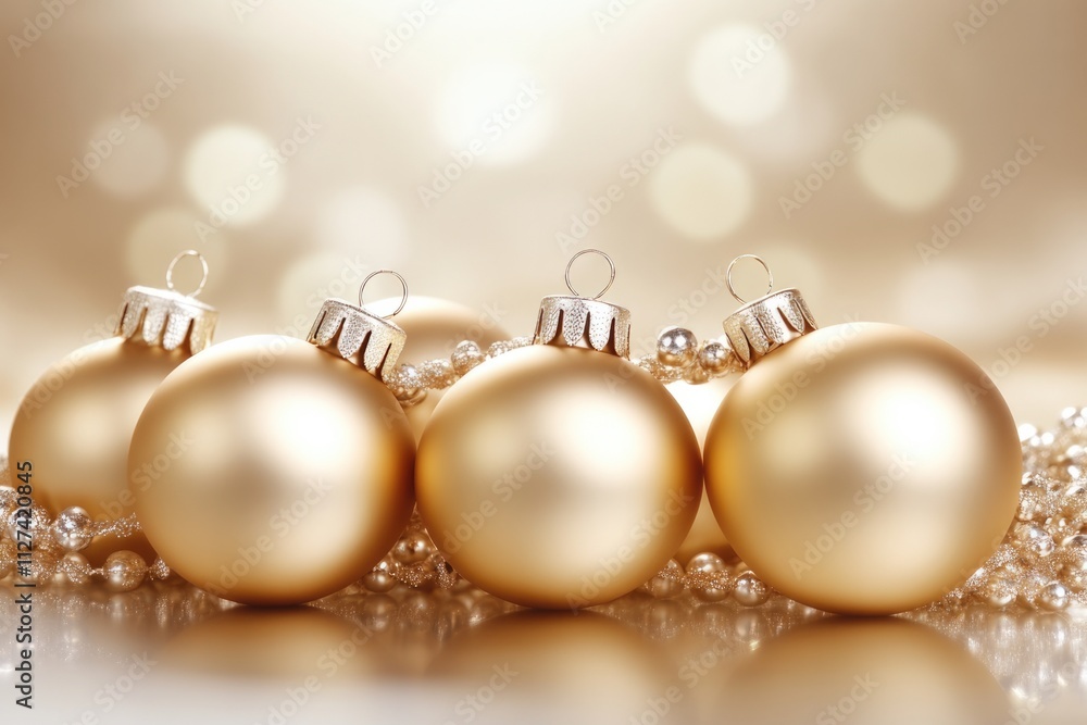 A collection of gold Christmas ornaments accompanied by a shimmering garland, elegantly arranged in a soft focus setting, evocative of holiday joy and warmth. A collection of gold Christmas ornaments accompanied by a shimmering garland, elegantly arranged in a soft focus setting, evocative of holiday joy and warmth.