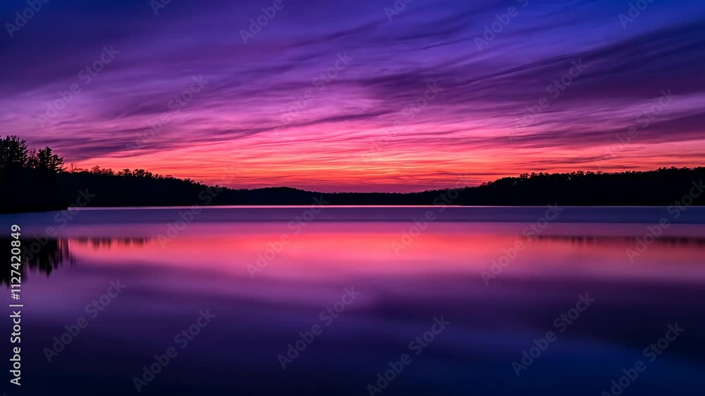 Vibrant sunset over calm lake with reflection, tranquil scenery. Serenity and nature beauty concept Vibrant sunset over calm lake with reflection, tranquil scenery. Serenity and nature beauty concept