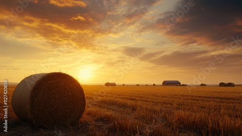 A tranquil landscape featuring golden hay bales under a vibrant sunset sky, ideal for agricultural themes, lifestyle content, or rural scenery in promotional materials,