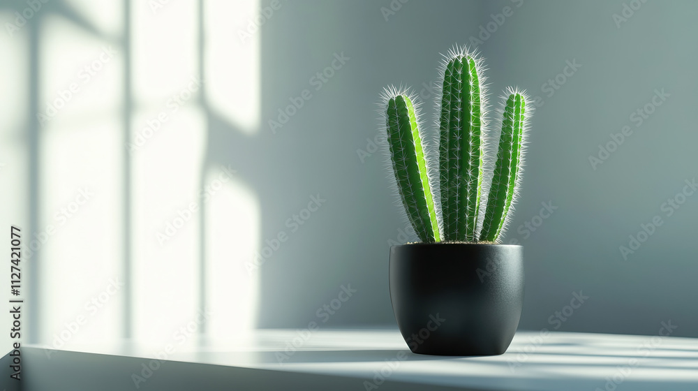 A vibrant cactus in a stylish pot basks in warm sunlight, creating a serene and inviting atmosphere A vibrant cactus in a stylish pot basks in warm sunlight, creating a serene and inviting atmosphere