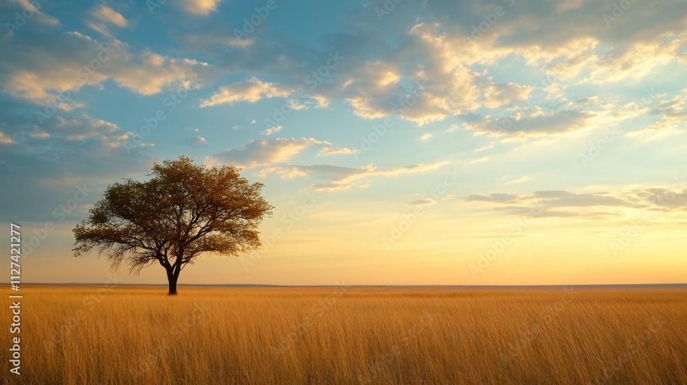A solitary tree stands majestically in a golden grassland under a colorful sky at dusk, creating a serene and tranquil scene ideal for nature-themed projects, meditation, or landscape design, A solitary tree stands majestically in a golden grassland under a colorful sky at dusk, creating a serene and tranquil scene ideal for nature-themed projects, meditation, or landscape design,