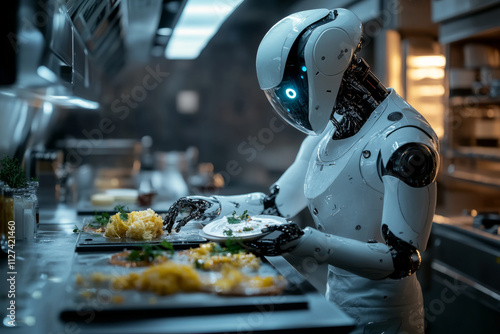 Advanced humanoid robot chef skillfully plating gourmet dishes in a state-of-the-art, automated restaurant kitchen