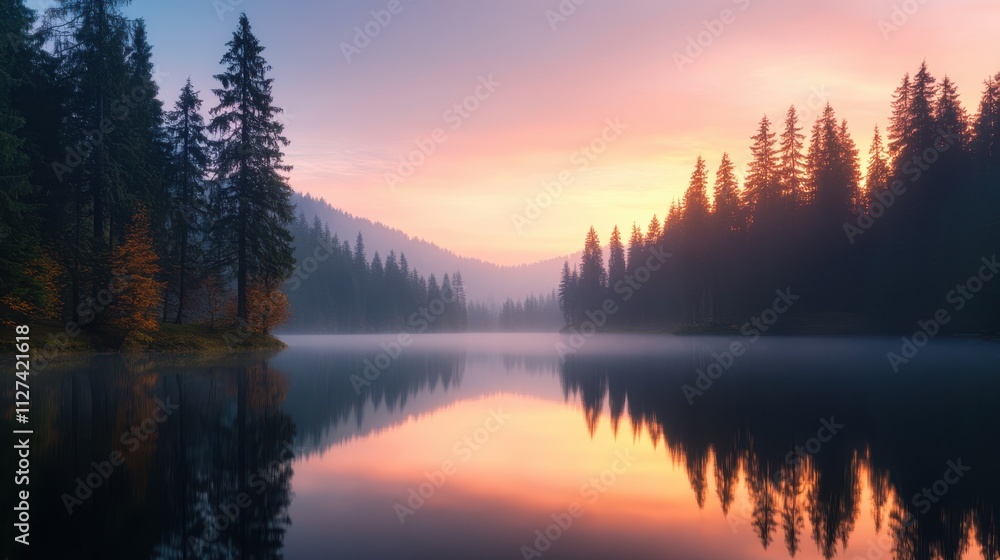 Fototapeta premium Tranquil lake surrounded by evergreen trees at sunrise, casting reflections on the calm water, Ideal for nature-themed projects, relaxation content, or promoting outdoor activities,
