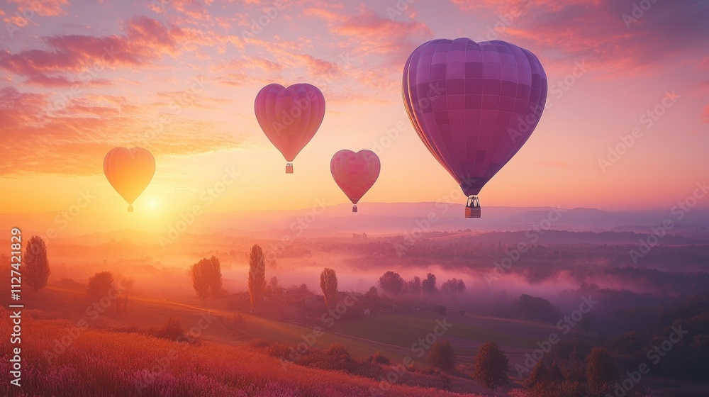 Fototapeta premium Heart-shaped hot air balloons at sunrise over misty countryside landscape