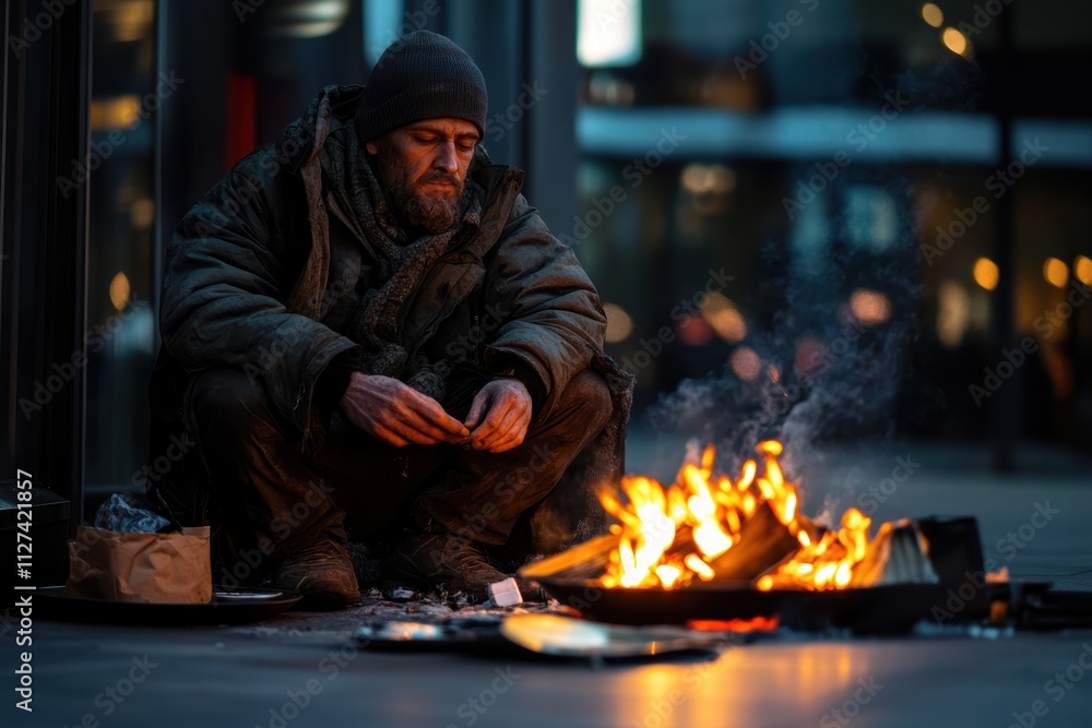 Homeless man warms himself by a fire in an urban environment during the evening hours Homeless man warms himself by a fire in an urban environment during the evening hours