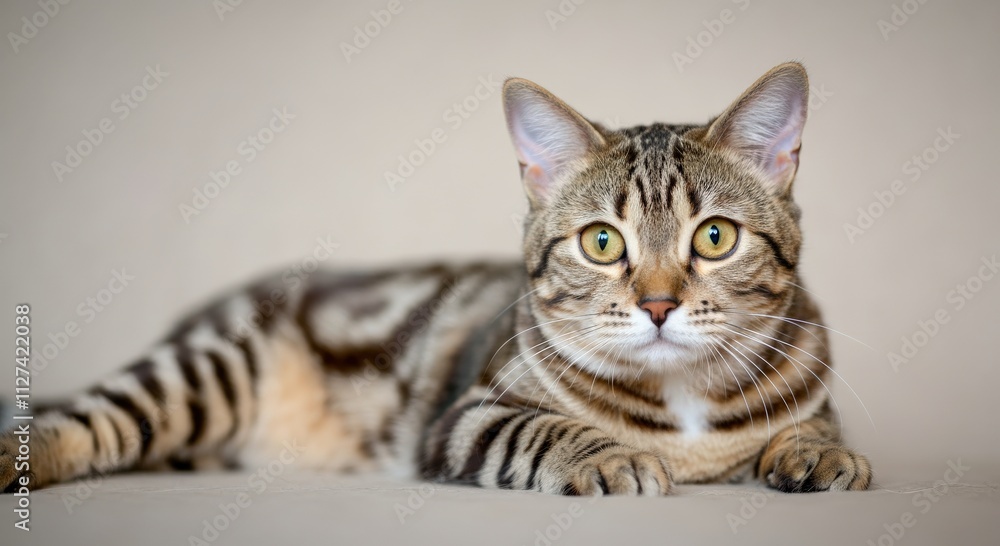 Majestic tabby cat lying on beige surface with intense gaze and distinctive stripes Majestic tabby cat lying on beige surface with intense gaze and distinctive stripes