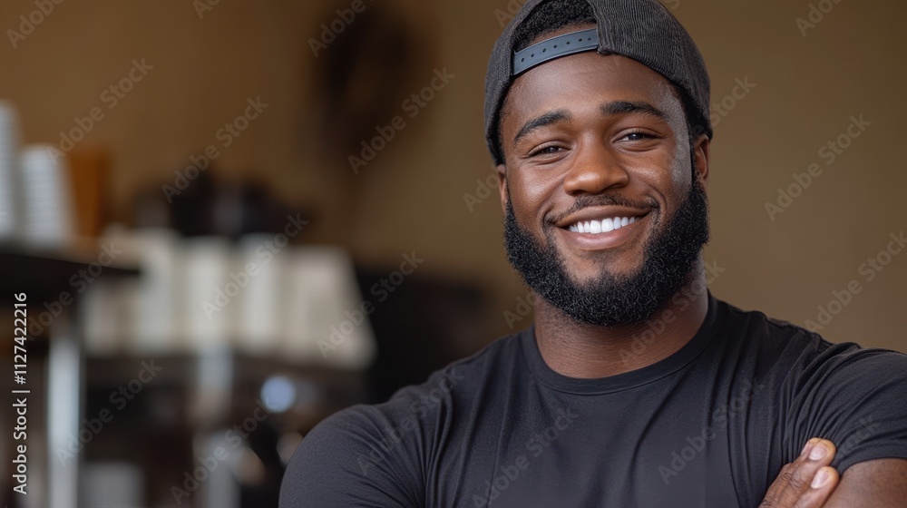 A cheerful young man in a black shirt and cap smiles warmly in a modern cafe setting, perfect for representing hospitality, customer service, or friendly engagement in marketing materials, A cheerful young man in a black shirt and cap smiles warmly in a modern cafe setting, perfect for representing hospitality, customer service, or friendly engagement in marketing materials,