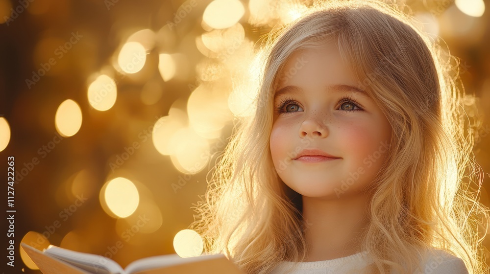 A young girl with long, wavy hair gazes thoughtfully into the distance while holding a book, surrounded by a warm golden glow, creating a dreamy atmosphere suitable for education, childhood A young girl with long, wavy hair gazes thoughtfully into the distance while holding a book, surrounded by a warm golden glow, creating a dreamy atmosphere suitable for education, childhood