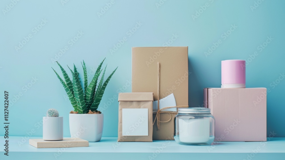 Minimalist packaging with succulents on light blue background Minimalist packaging with succulents on light blue background