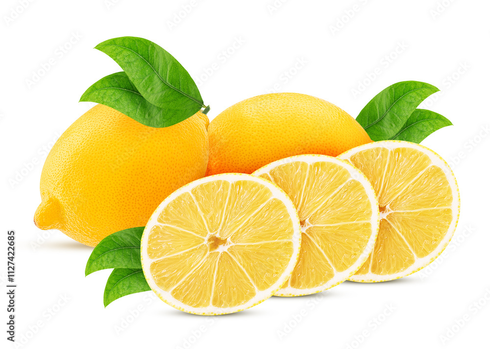 Two fresh lemon and ring slice, with leaf Two fresh lemon and ring slice, with leaf