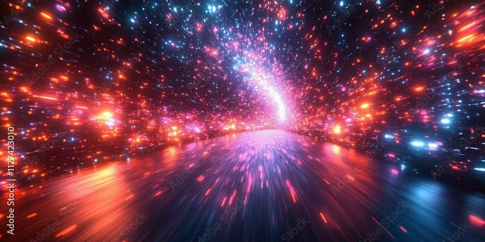 Vibrant journey through cosmic light tunnel with dynamic particle streams Vibrant journey through cosmic light tunnel with dynamic particle streams