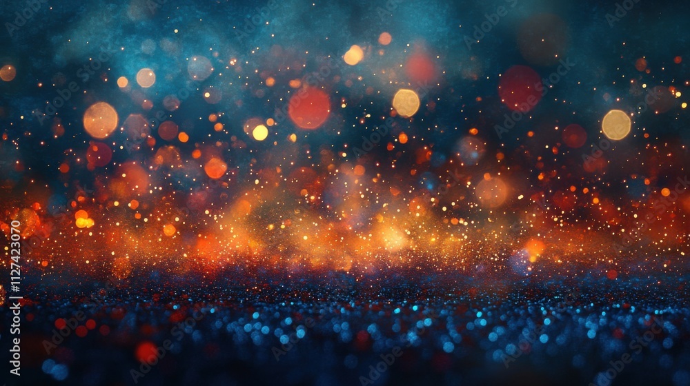 Fototapeta premium Colorful fireworks over sparkling blue bokeh