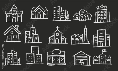 Architectural Building Related Icon Crayon Chalk Drawing Vector Set Chalkboard