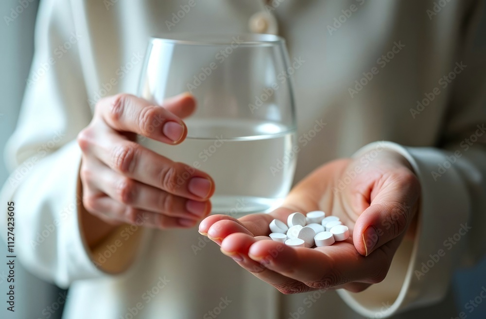 Hand holding a white pills, glass with water in the other hand. Close-up of a person takes a medication. Pills in hand, concept of disease prevention and lifestyle Hand holding a white pills, glass with water in the other hand. Close-up of a person takes a medication. Pills in hand, concept of disease prevention and lifestyle