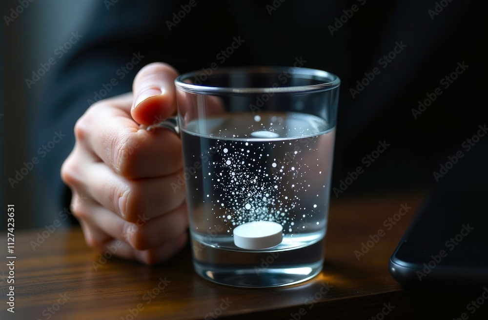 Pill in a glass of water. Close-up of a hand holding a mug of water with a tablet in it. Healthy lifestyle concept Pill in a glass of water. Close-up of a hand holding a mug of water with a tablet in it. Healthy lifestyle concept