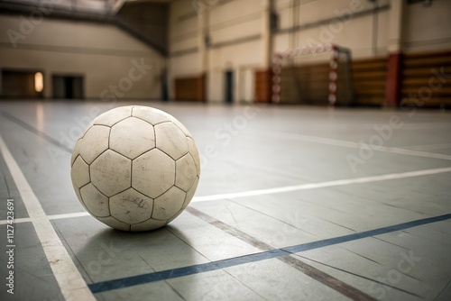  A weathered soccer ball rests on a muted indoor court in a vintage sports hall. The subtle lighting and wide copy space emphasize the nostalgic and rustic atmosphere.