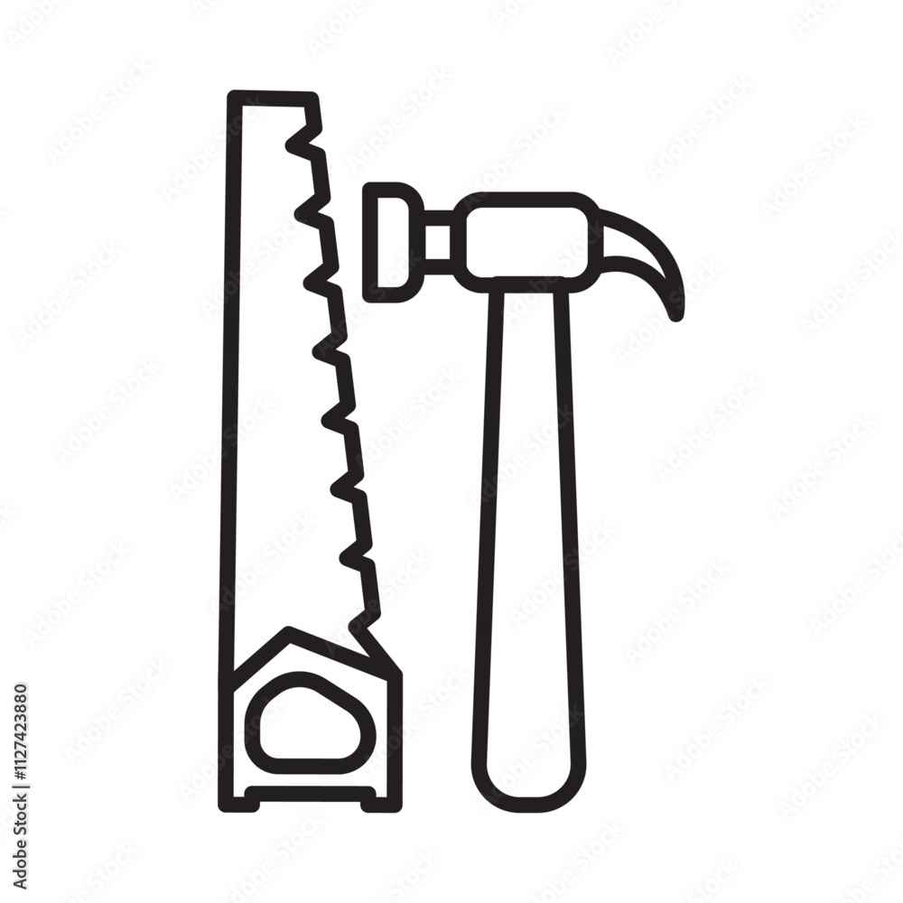 Hand saw and hammer icon Vector flat thin line illustration Hand saw and hammer icon Vector flat thin line illustration