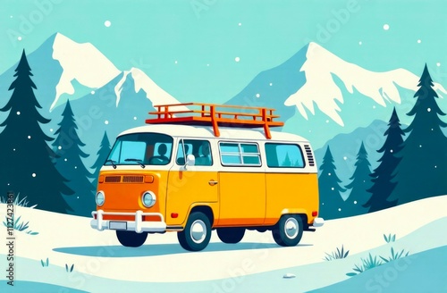 Camper Van in Winter Mountains, beautiful landscape on background. Winter Tourism concept, Travel and vacation. Flat illustration, drawn style