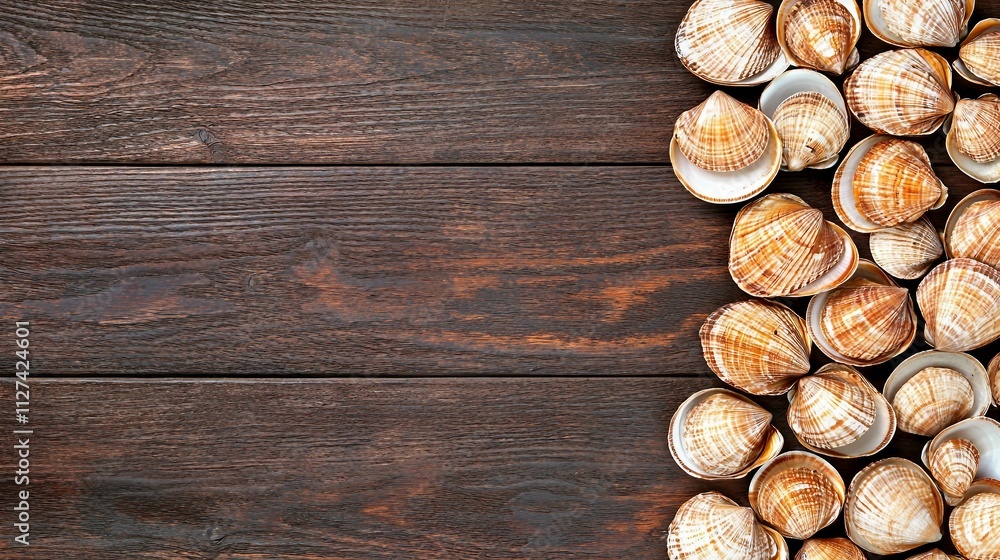 Natural Shells on Wooden Background Artistic Coastal Decor Natural Shells on Wooden Background Artistic Coastal Decor