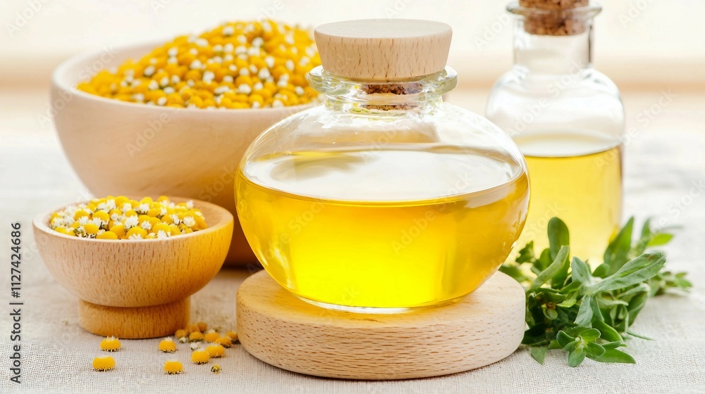 Glass Bottle of Yellow Oil Surrounded by Herbs and Seeds Glass Bottle of Yellow Oil Surrounded by Herbs and Seeds