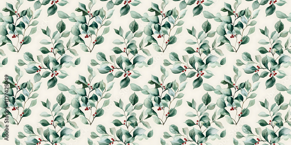 Watercolor eucalyptus and holly leaves pattern Watercolor eucalyptus and holly leaves pattern