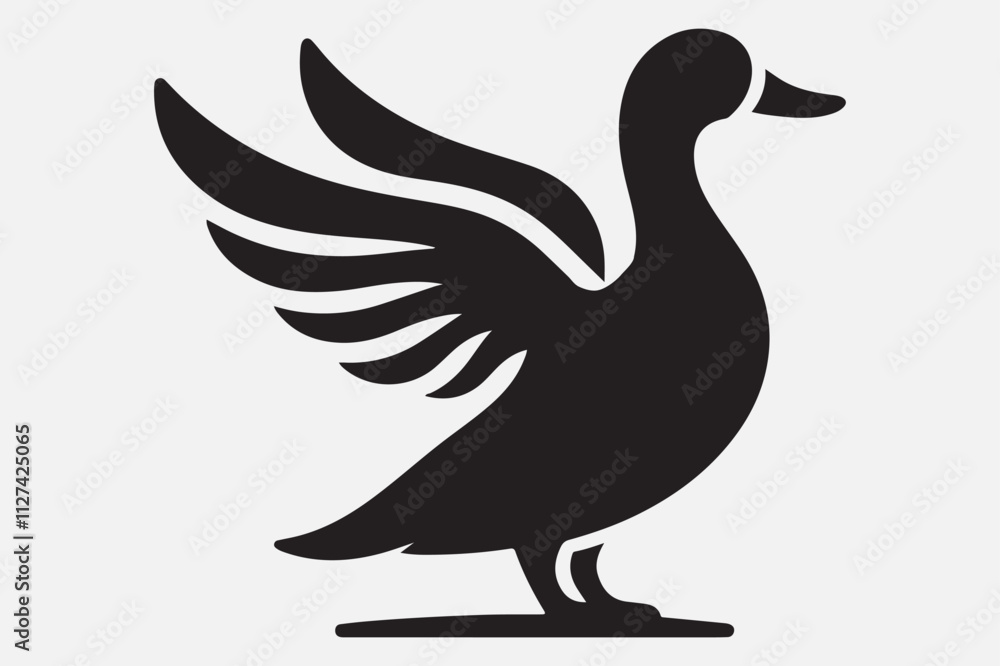 A duck standing upright with its wings spread open. A duck standing upright with its wings spread open.