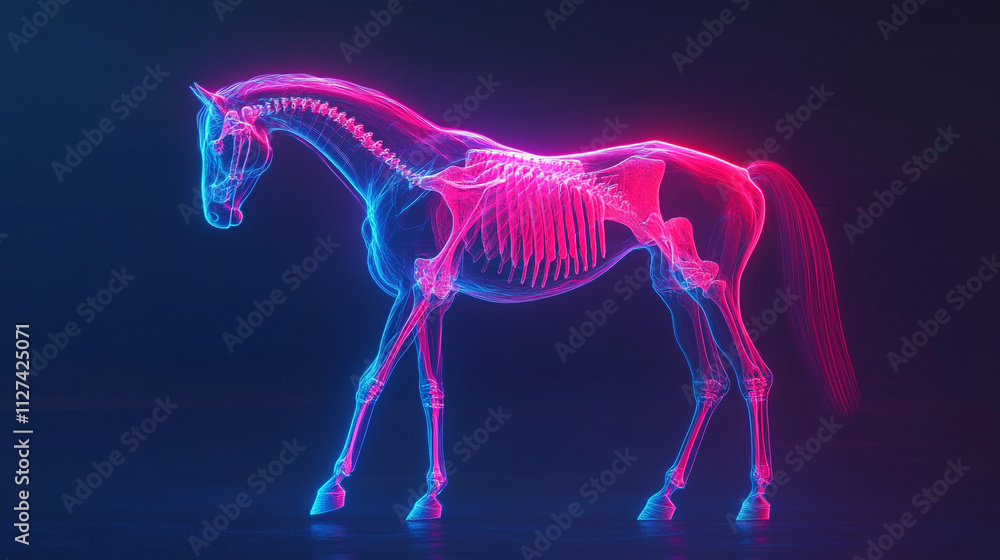 Neon Horse Skeleton Anatomy Equine Veterinary 3D Render Neon Horse Skeleton Anatomy Equine Veterinary 3D Render