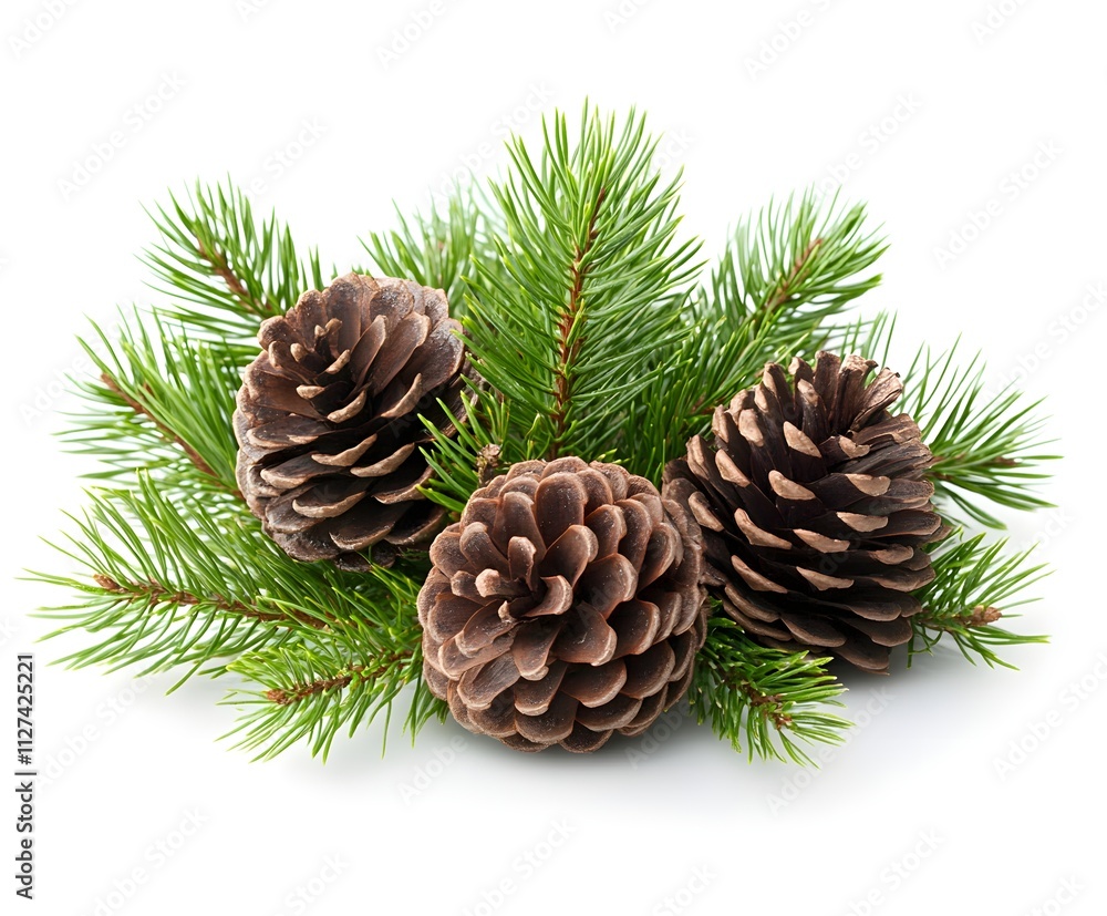 Three Pine Cones Nestled Amongst Fresh Green Pine Branches Three Pine Cones Nestled Amongst Fresh Green Pine Branches