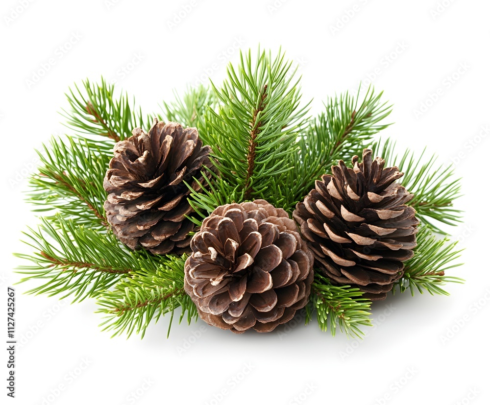 Three Pine Cones Nestled Amongst Green Pine Branches Three Pine Cones Nestled Amongst Green Pine Branches
