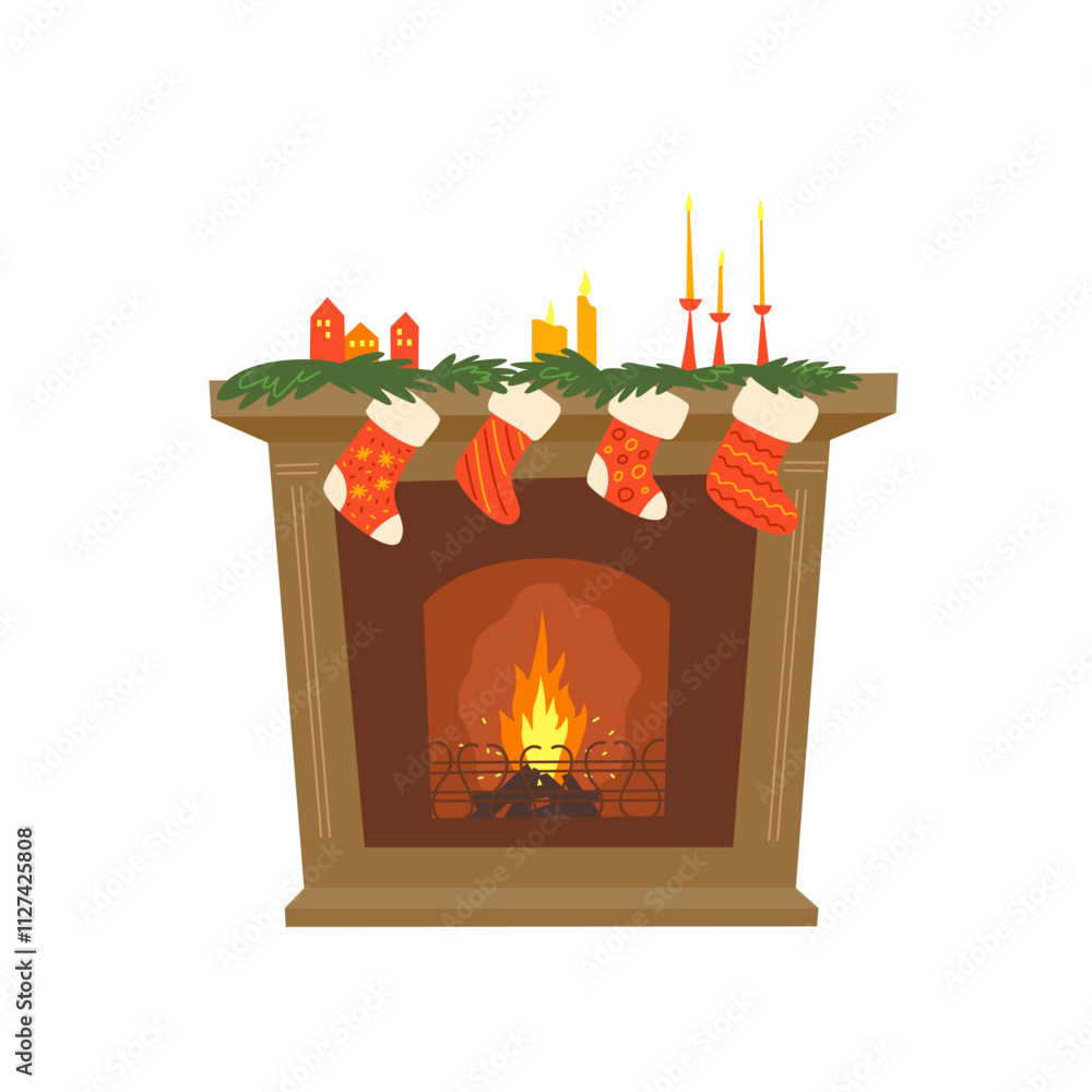 Fototapeta premium Fireplace decorated by socks, candles. Colorful vector isolated illustration on the white background