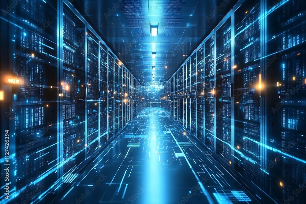 A futuristic data center with glowing servers and digital elements. A futuristic data center with glowing servers and digital elements.