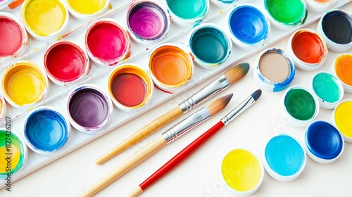 Vibrant Watercolor Paint Palette with Brushes and Colorful Pigments