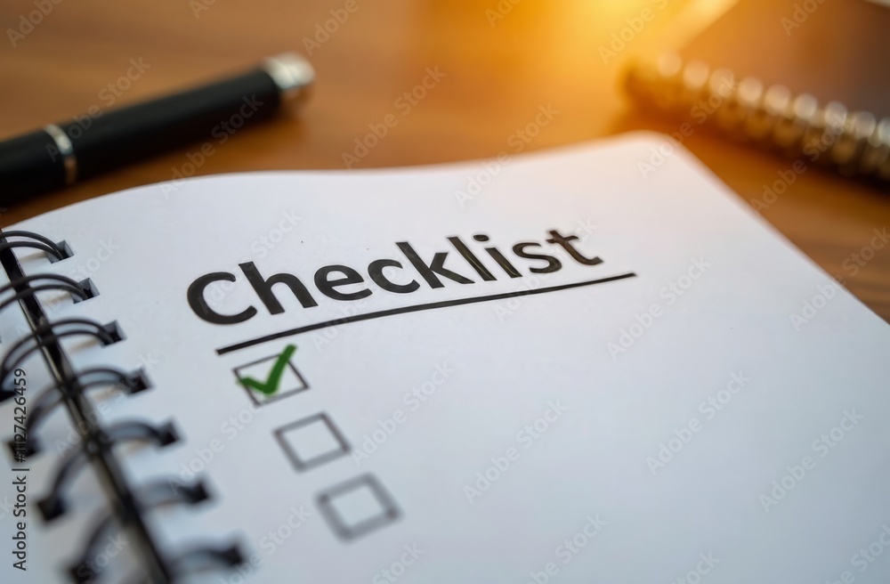 A notebook lies open on a wooden table, displaying a checklist with a green checkmark. Nearby is a pen and a second notebook, creating an atmosphere of productivity and organization. A notebook lies open on a wooden table, displaying a checklist with a green checkmark. Nearby is a pen and a second notebook, creating an atmosphere of productivity and organization.