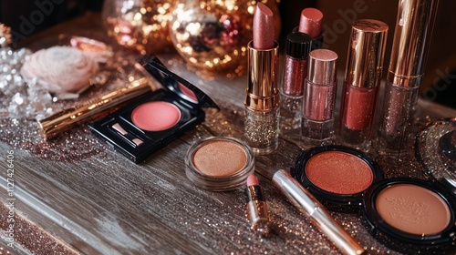 A luxury flat lay featuring shimmering lip glosses, metallic blushes, and glittery eyeshadows, arranged on a distressed wood counter with glitter accents.