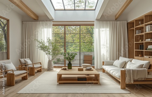 Spacious modern living room with natural light, featuring sleek white walls, minimalist wooden furniture, and lush greenery