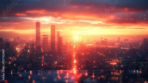 Soft and hazy cityscape under golden hour lighting, ideal for a warm and serene urban backdrop.