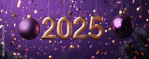 Festive new year's scene with golden 2025 numbers and glittering ornaments on a purple backdrop photo