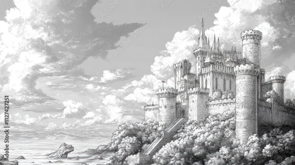 Stone castle, coastal cliffs, cloudy sky, sketch. Stone castle, coastal cliffs, cloudy sky, sketch.