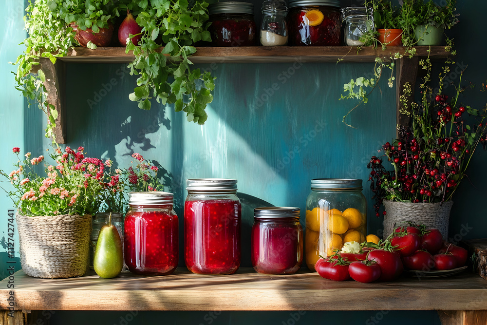 Harvesting summer's bounty in jars within a rustic kitchen setting Harvesting summer's bounty in jars within a rustic kitchen setting