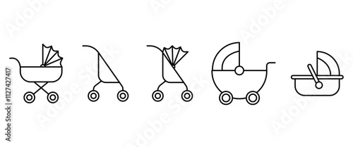 Baby stroller icon set.  Liner baby carriage vector. Baby pram. Set of isolated stroller icon. Children and baby carriage icon collection on white background.