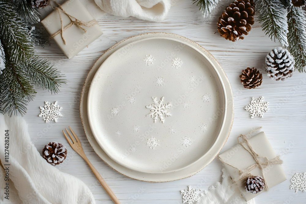 hristmas or New Year zero waste dinner table setting. Ceramic plates, gifts, snowflakes, briar berries, and themed decorations. Festive cutlery on a white wooden board background4k image hristmas or New Year zero waste dinner table setting. Ceramic plates, gifts, snowflakes, briar berries, and themed decorations. Festive cutlery on a white wooden board background4k image