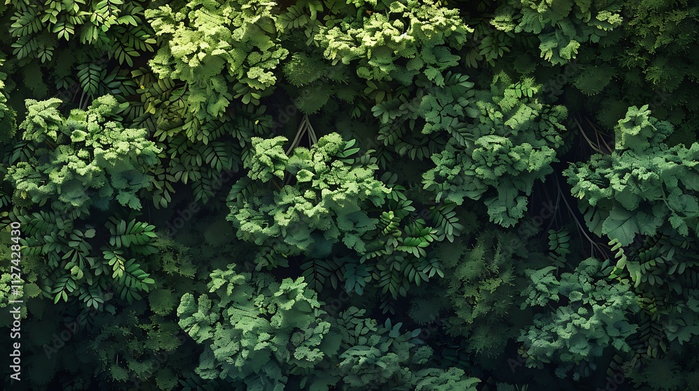 A dense forest with trees whose leaves range from light green to dark green in the cool shade A dense forest with trees whose leaves range from light green to dark green in the cool shade