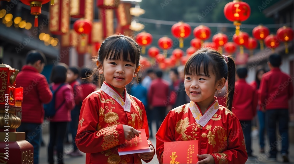 Chinese New Year Festivities: Two Adorable Girls in Traditional Red Garments Chinese New Year Festivities: Two Adorable Girls in Traditional Red Garments