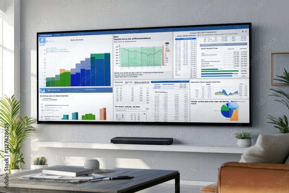 Modern financial report presentation displayed on a large wall-mounted screen Modern financial report presentation displayed on a large wall-mounted screen